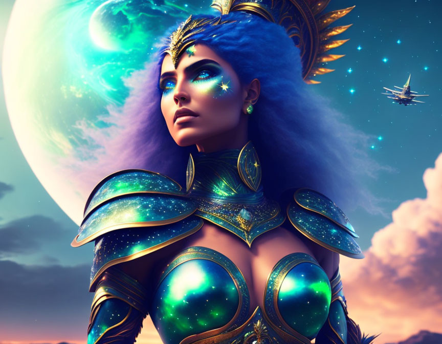Blue-skinned female warrior in cosmic armor under moonlit sky