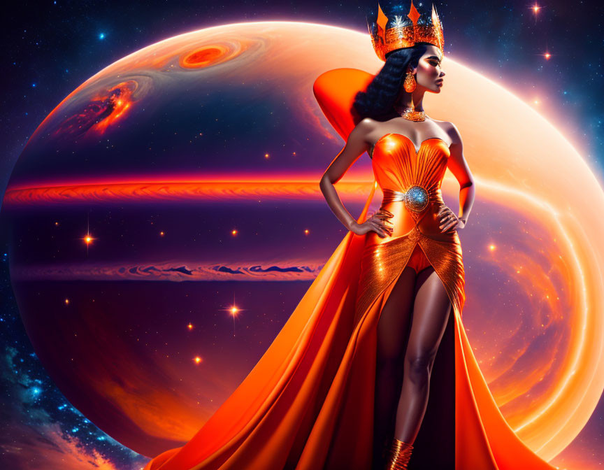 Regal woman in ornate orange gown with crown against cosmic backdrop