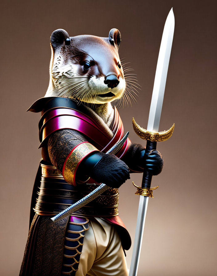 Ferret in Samurai Armor with Katana on Gradient Background