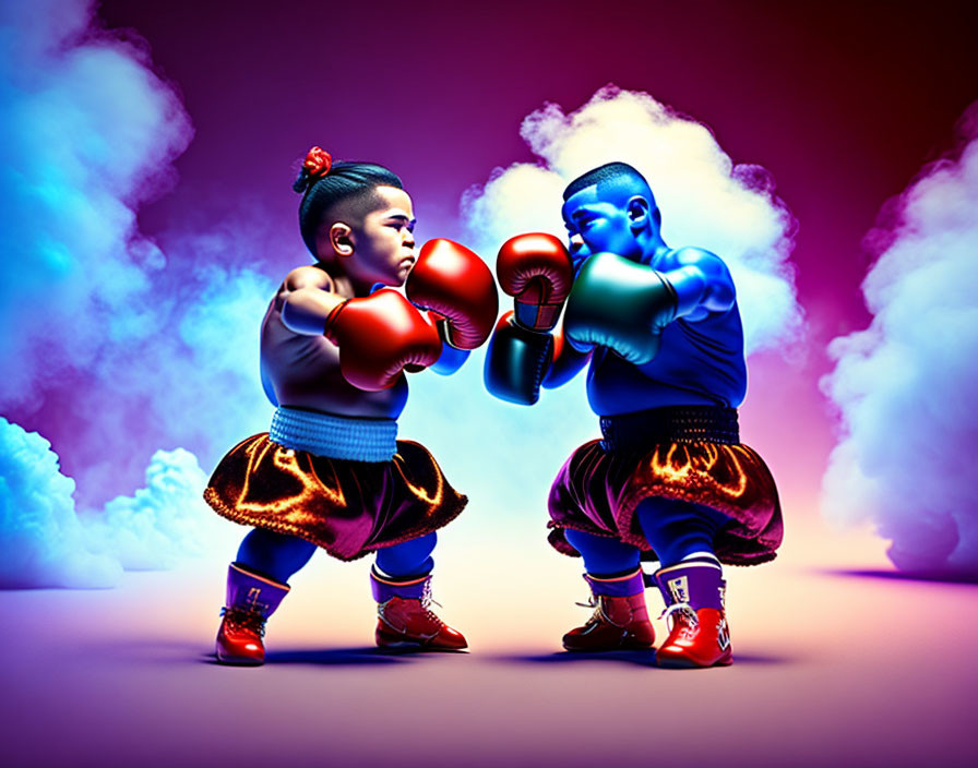 Animated children in boxing attire face off under dramatic lighting