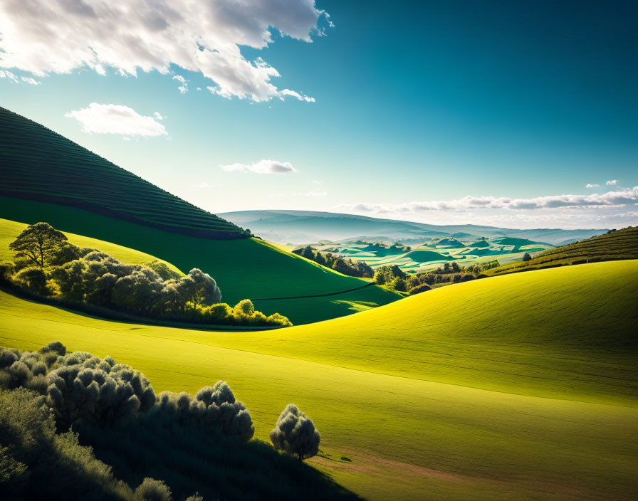 Scenic landscape of rolling green hills under a vibrant blue sky