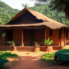 Traditional Thatched Roof Mud House in Lush Green Tropical Setting