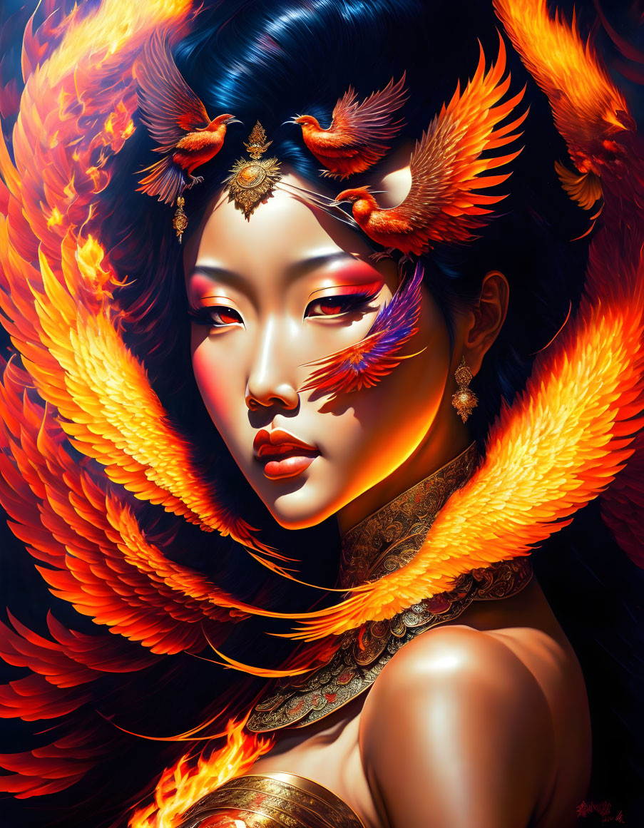 Illustration of woman with phoenix-themed ornaments and vibrant orange feathers.
