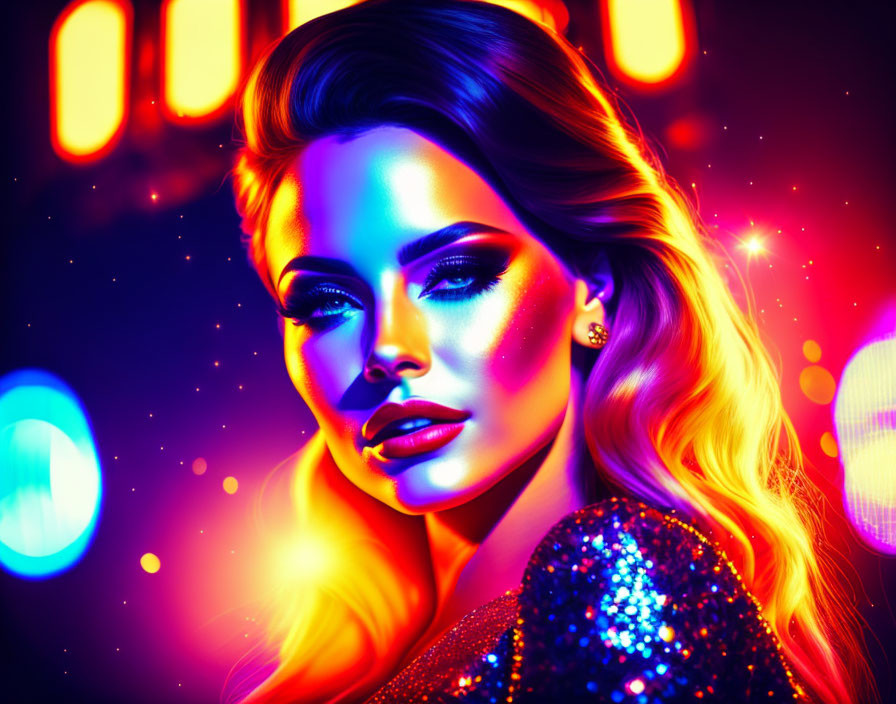 Colorful digital portrait of a woman in glamorous makeup and sparkling outfit on neon backdrop