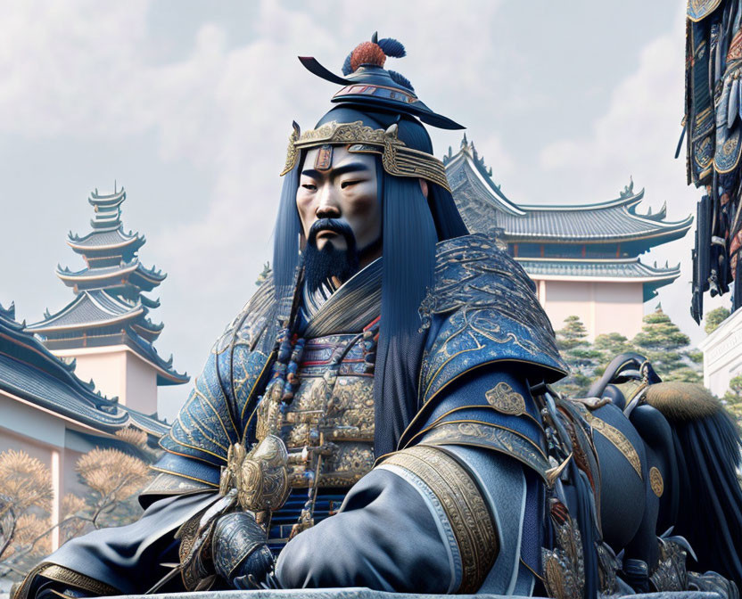 Detailed 3D rendering of historical Asian warrior in blue armor against ancient temple.