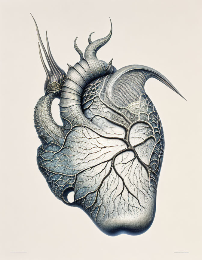 Detailed Human Heart Artwork with Leaf-Like Veins and Horn-Like Structures
