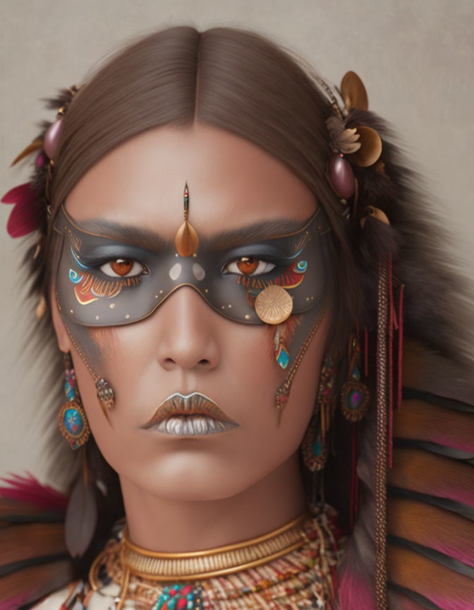 Elaborate Earth-Toned Face Paint with Feathers