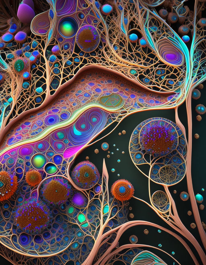 Colorful intricate fractal image of organic cells with vivid hues