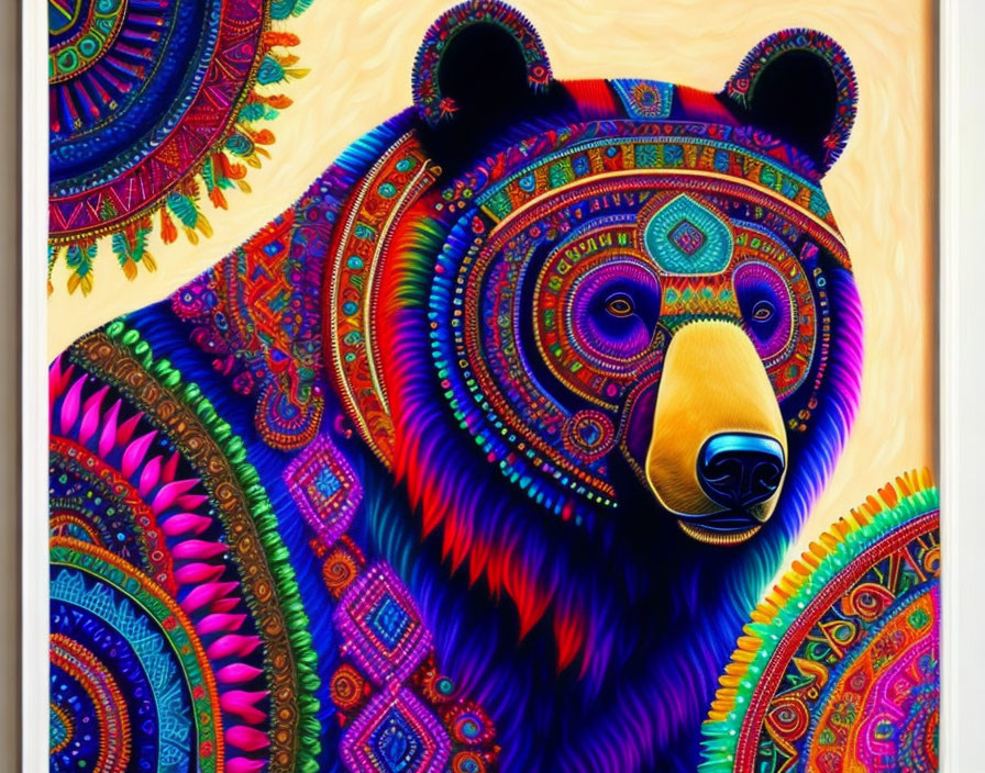 Colorful Bear Illustration with Psychedelic Designs on Golden Background