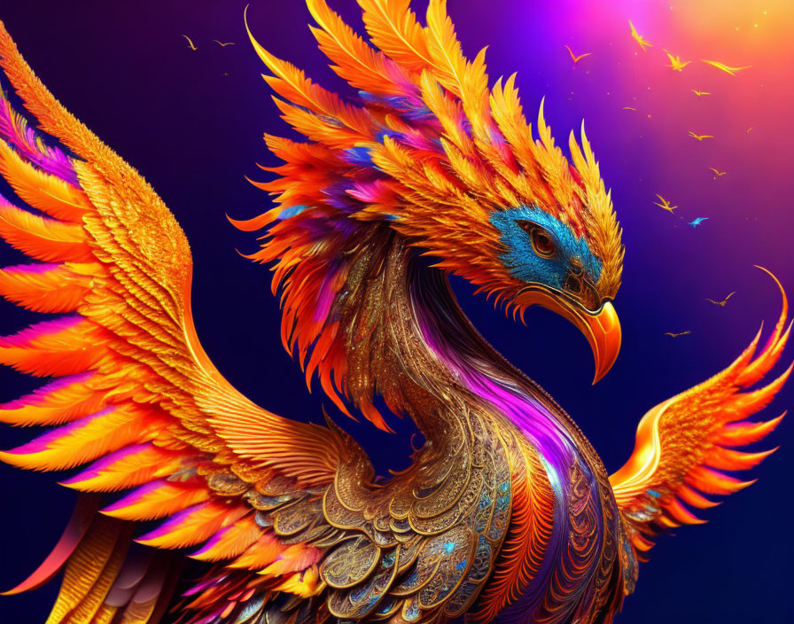 Colorful digital artwork: Phoenix with orange feathers and blue details on purple background