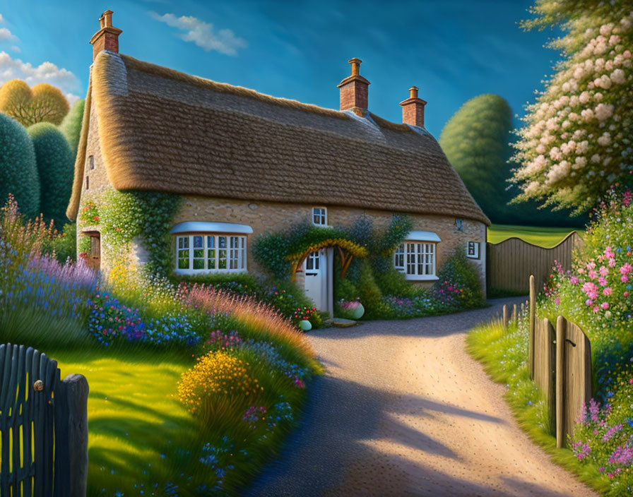 Thatched-Roof Cottage with Lush Gardens and Golden Hour Light
