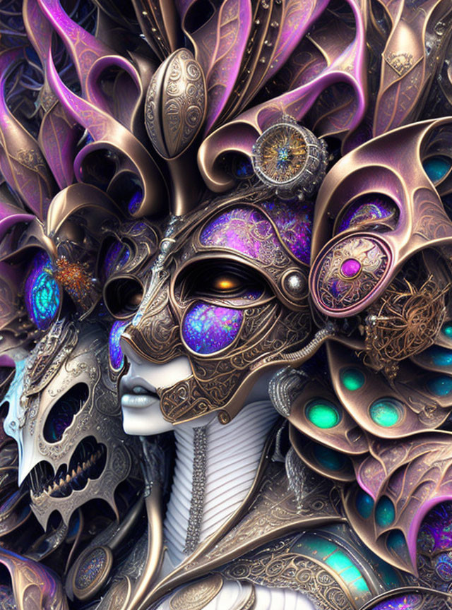 Intricate metallic masquerade mask with gem-like details and fantasy-inspired backdrop