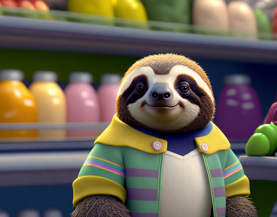 Colorful smiling sloth in front of vibrant supermarket shelf