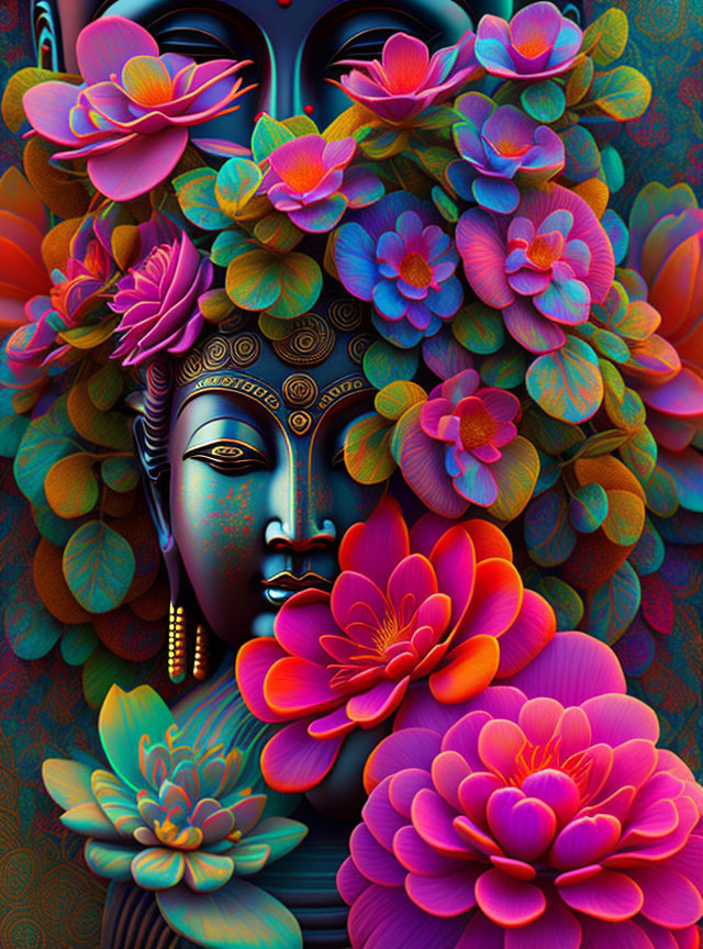 Colorful Buddha Face Surrounded by Lotus Flowers on Patterned Background