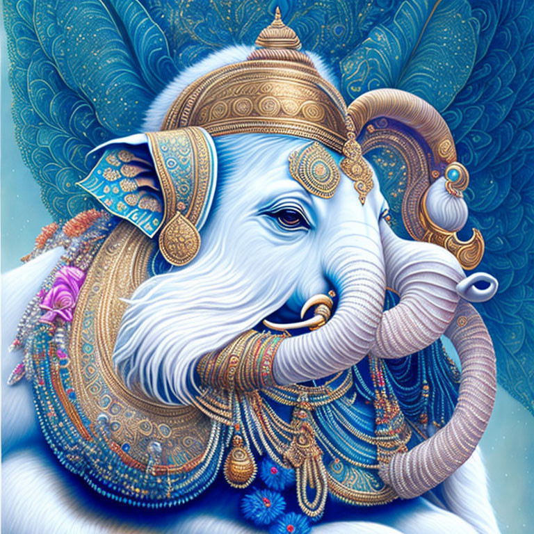 Detailed Artistic Depiction of Hindu Deity Ganesha with Blue Peacock Feather Background