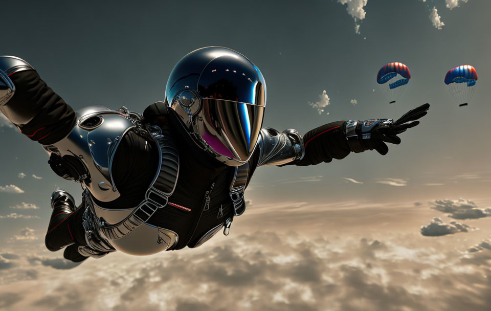 Skydiver in futuristic suit freefalls above clouds