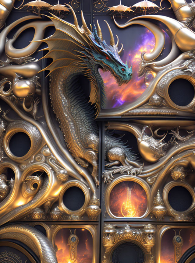 Blue-Green Dragon Emerging from Golden Mechanical Doors