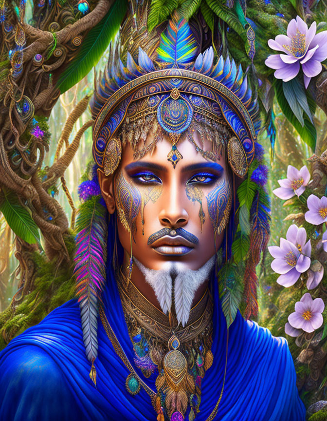 Colorful portrait of a person with tribal makeup and headdress in a floral setting