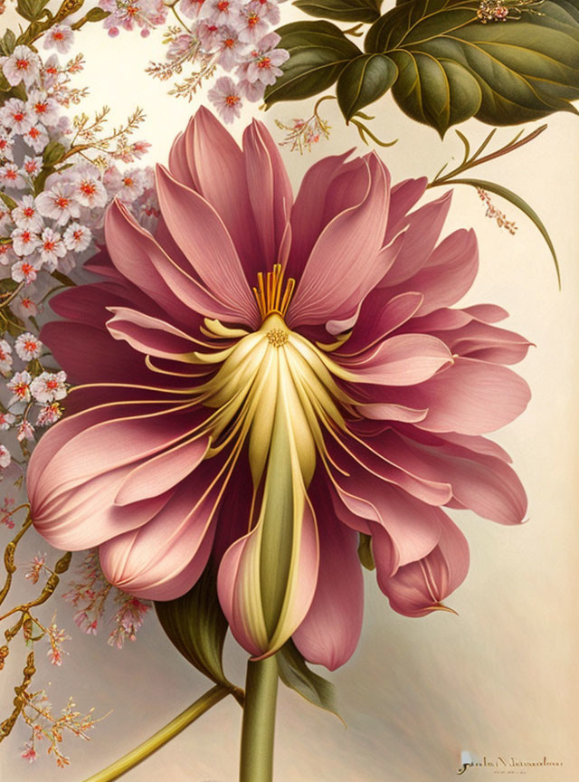 Detailed Illustration: Large Pink Flower with Yellow Stamens, White Blossoms, Green Foliage