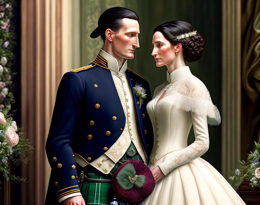 Military man in formal uniform with kilt & woman in vintage wedding dress standing together