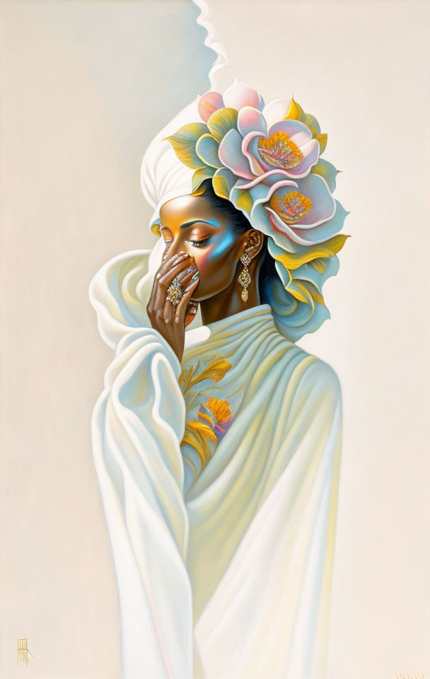 Woman portrait with gold and blue face paint and floral headgear in white garment