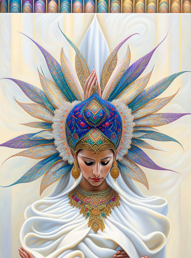 Detailed illustration of figure in prayer with gem-encrusted headdress.