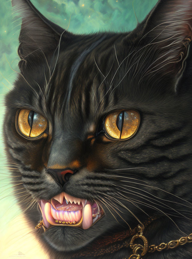 Hyper-realistic black tabby cat painting with amber eyes and gold collar