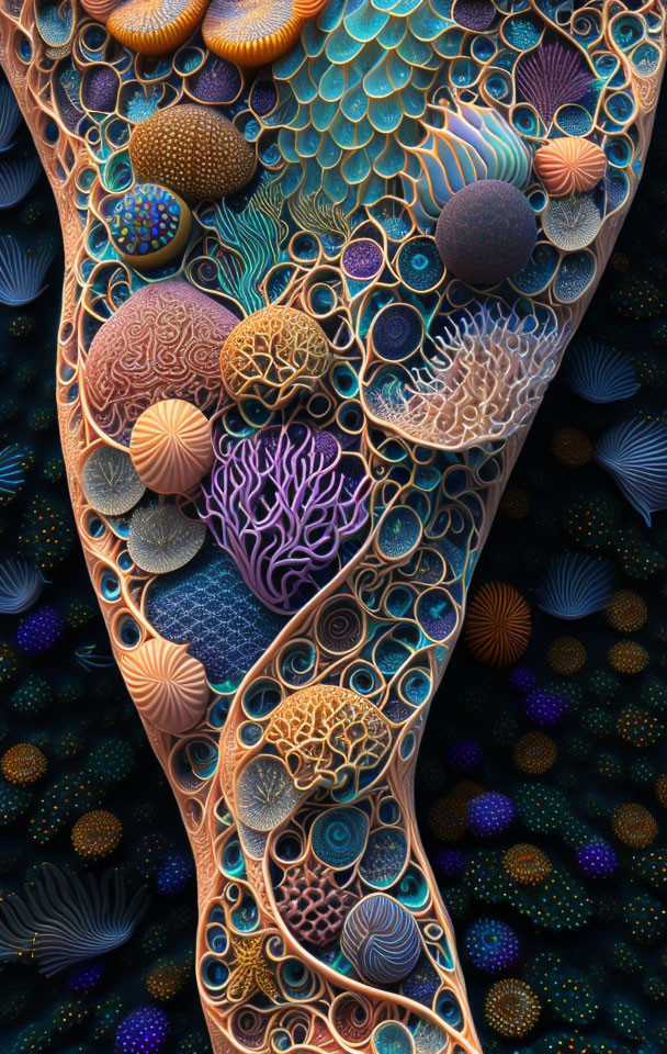 Abstract Digital Art: Vibrant Fractal Pattern Resembling Sea Life