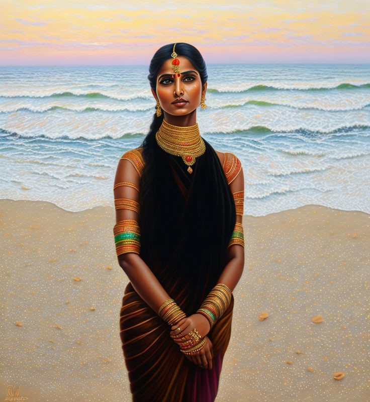 Traditional Indian Attire Woman on Beach at Sunset