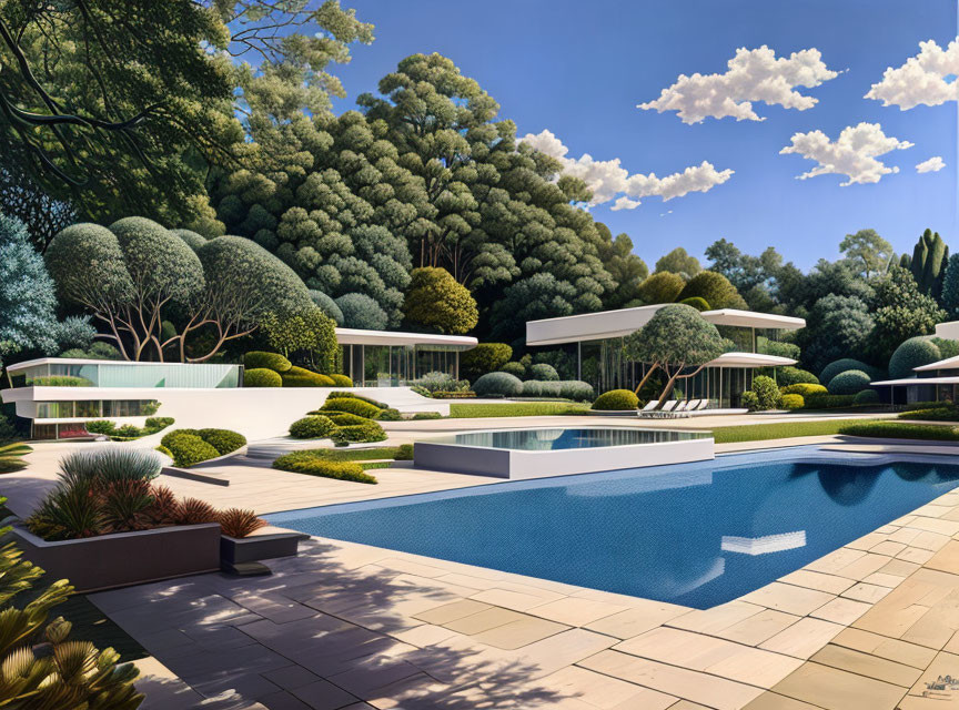 Contemporary house with glass walls, pool, gardens, and trees