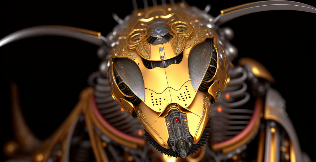 Detailed Mechanical Bee with Gold and Silver Designs on Dark Background