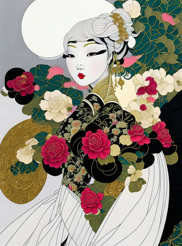 Elegant lady in white headdress and floral kimono on grey backdrop