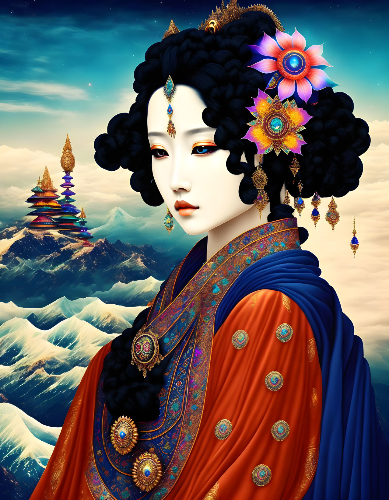 Detailed illustration of person with intricate hair decorations and traditional attire against mountain and pagoda backdrop.