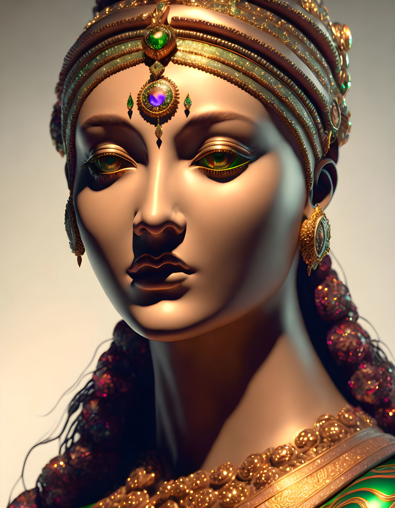 Digital artwork features woman with golden skin and intricate gold jewelry.