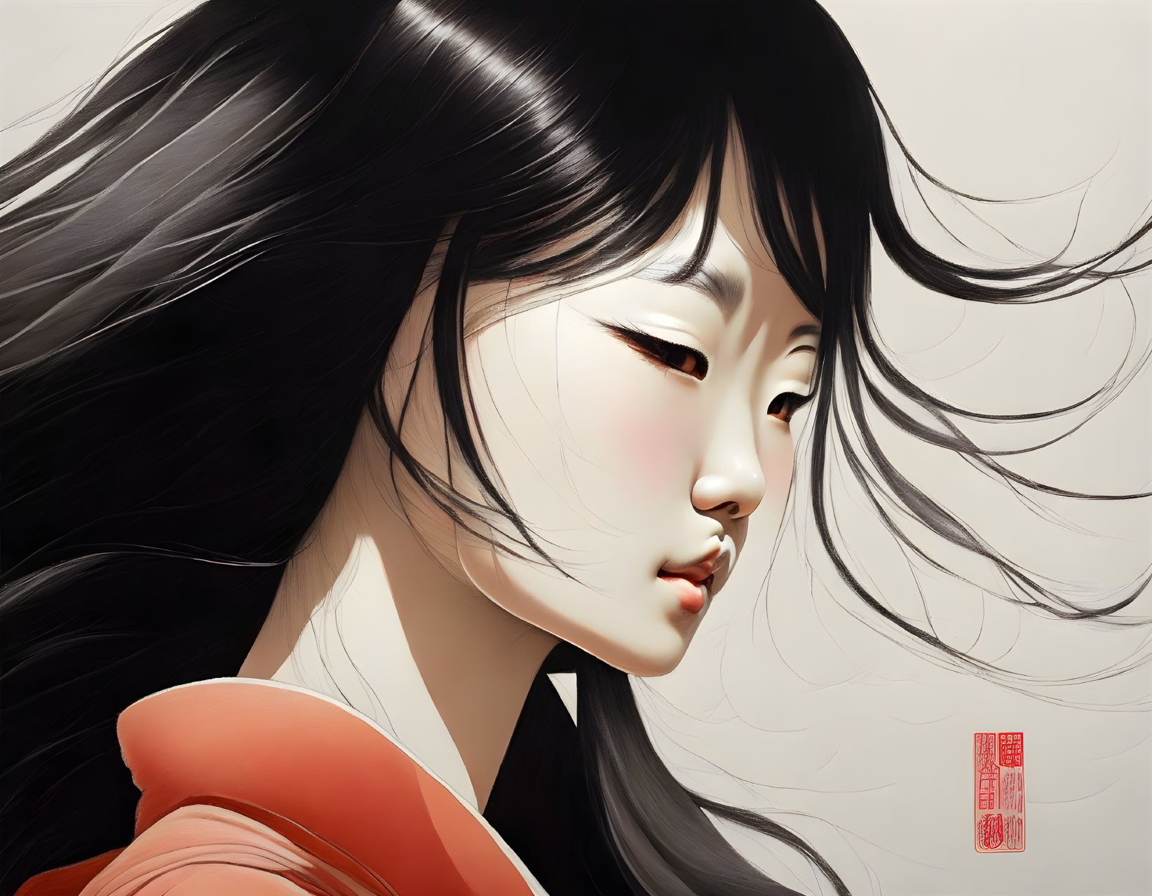 Hyperrealistic Painting: Asian Woman with Black Hair and Red Seal
