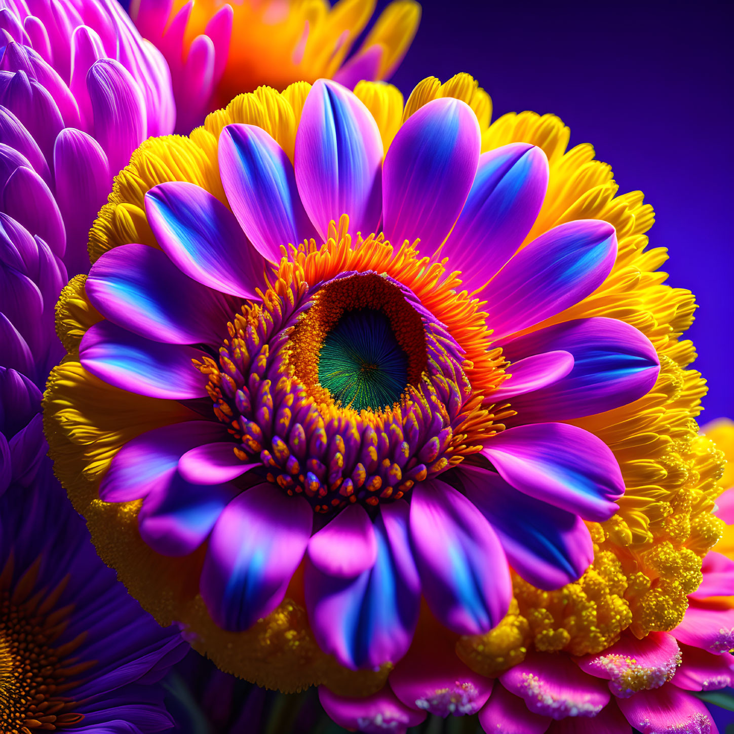 Detailed Close-Up of Purple and Yellow Flower's Textures and Colors