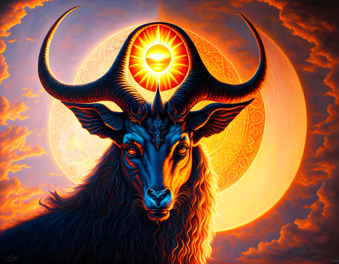 Majestic caprine creature with curved horns and sun symbol on vibrant orange backdrop