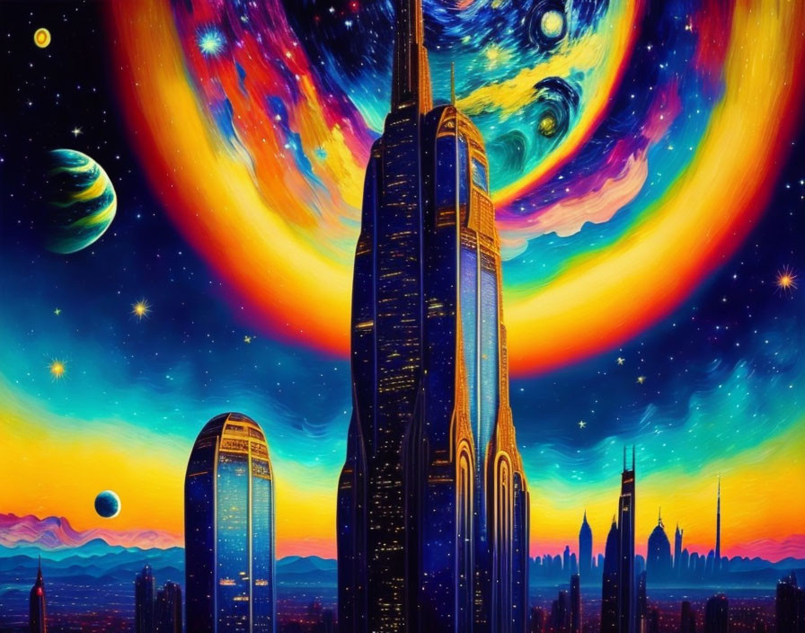 Colorful surreal cityscape with skyscrapers in cosmic backdrop