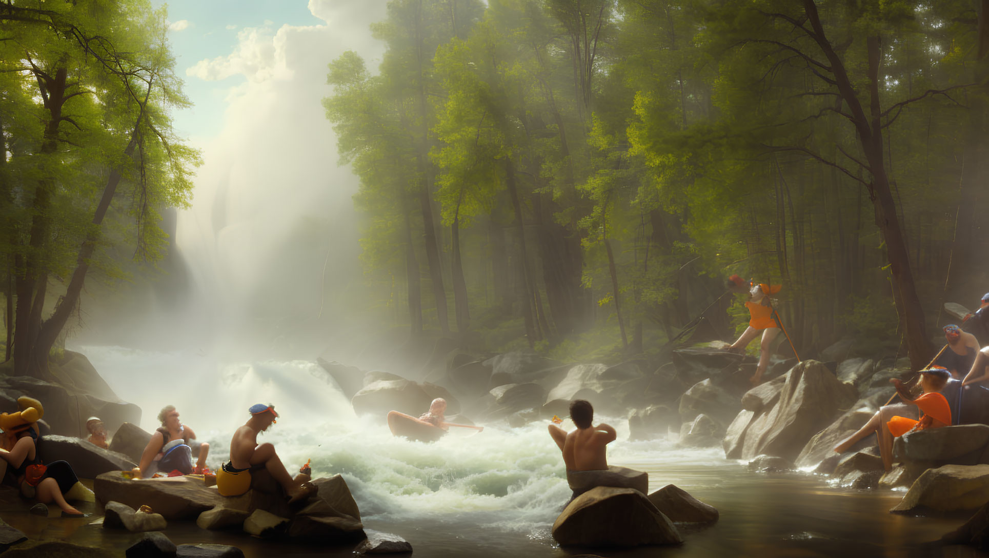 Tranquil waterfall scene with mist, lush trees, and people relaxing in summer attire