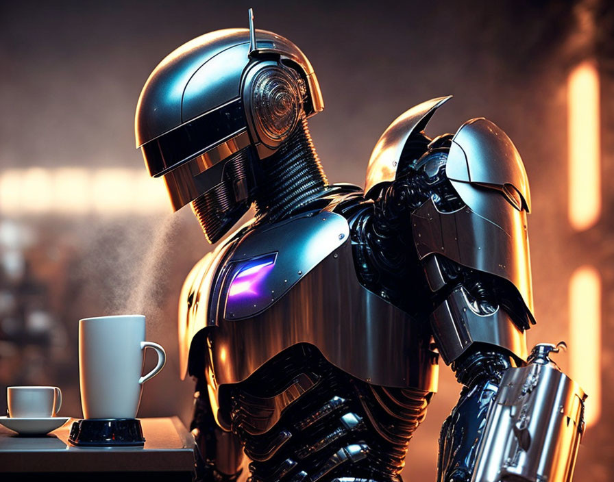Robocop 2023 smelling a cup of coffee