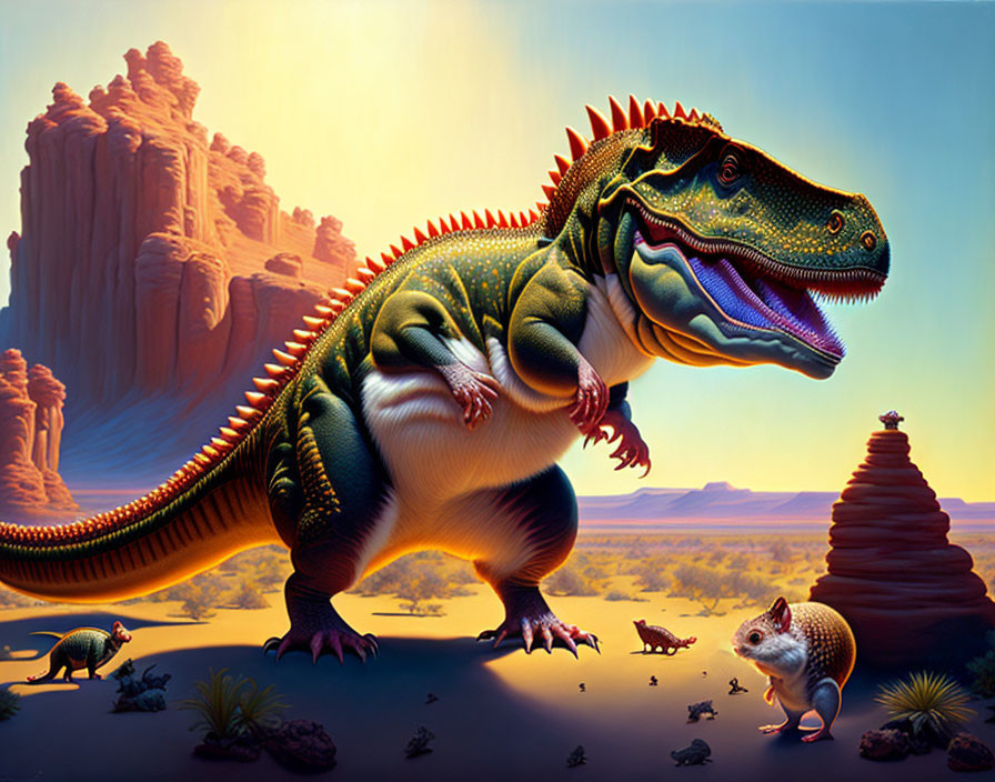 Colorful Dinosaur with Red Spikes in Desert Landscape