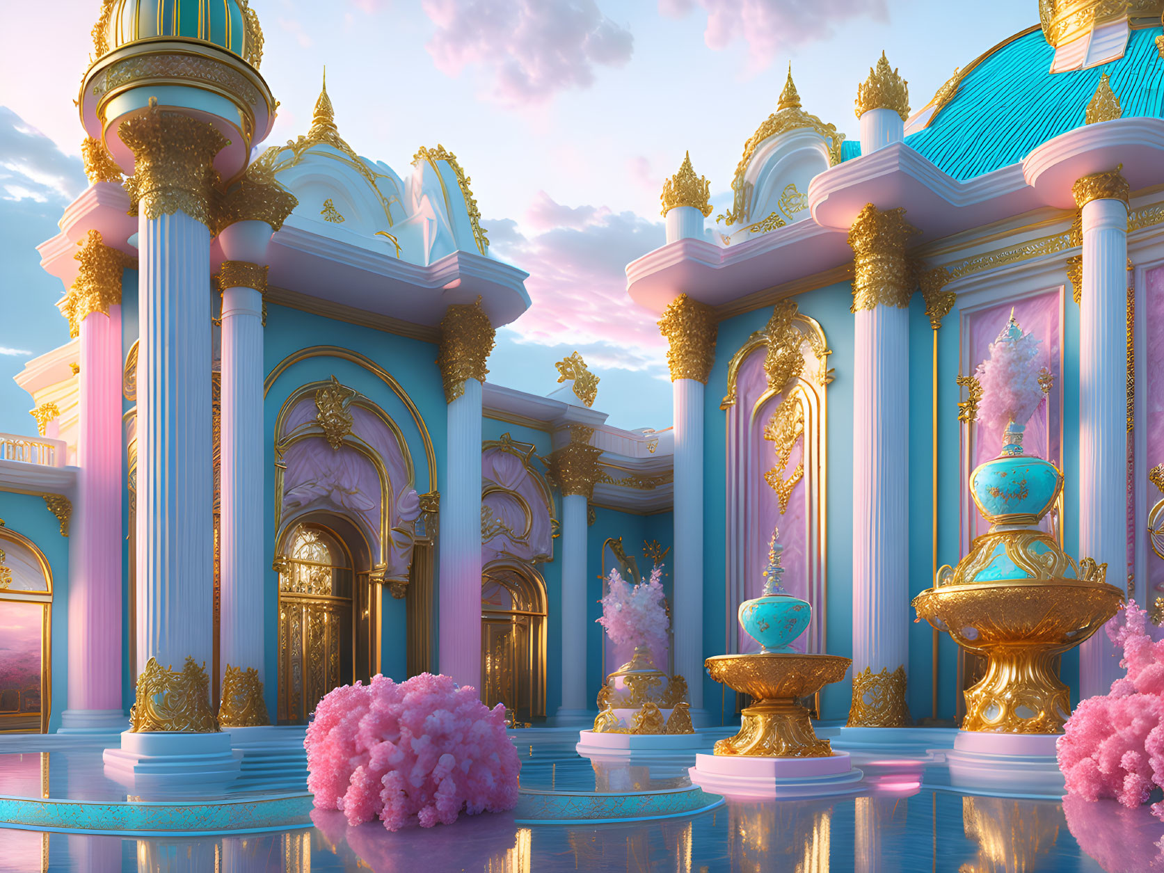 Opulent Golden and Blue Palace with Ornate Pillars and Pink Flora