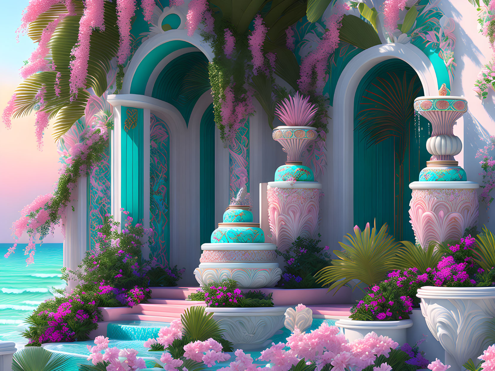 Seaside palace entrance with pink and purple flora, teal arches, and classical columns at sunrise or