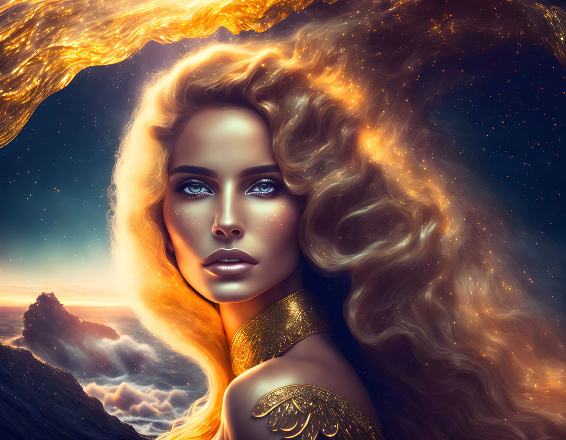 Golden-haired woman in cosmic sky with mountain backdrop
