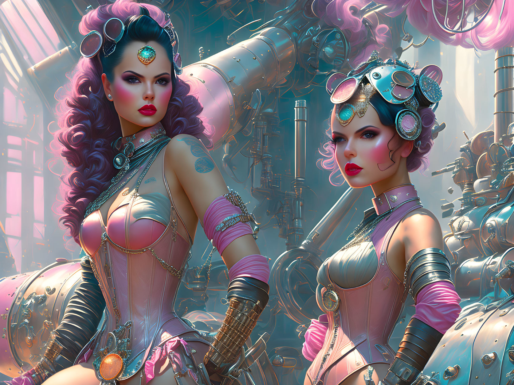 Two women in steampunk attire with goggles and vibrant hair against industrial pipes
