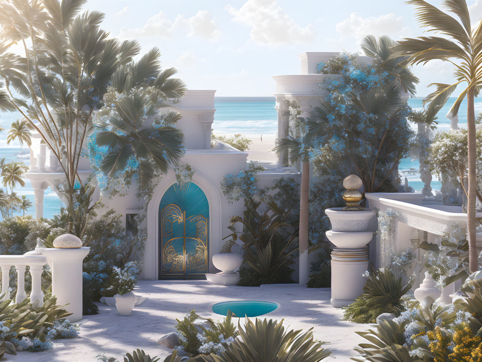 Luxurious White Villa Surrounded by Palm Trees on Coastal Scene