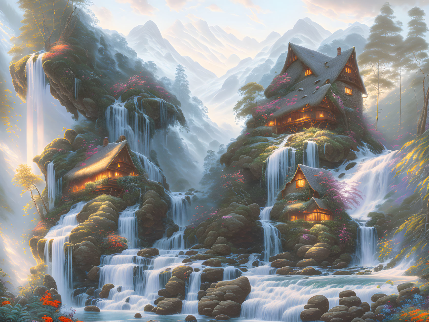 Scenic mountain landscape with waterfalls, greenery, and cliffside houses.