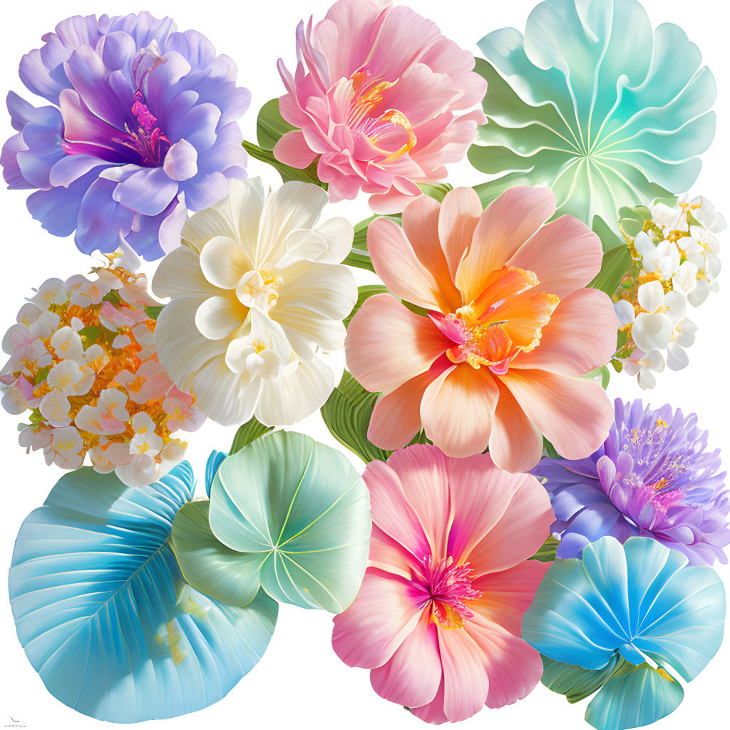 Colorful Illustration of Vibrant and Pastel Flowers on White Background