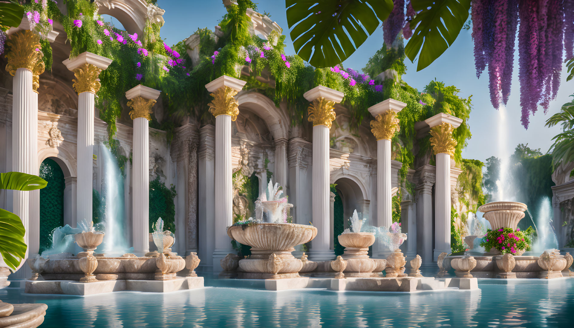 Tranquil pool with classical columns, golden accents, lush greenery, and purple flowers