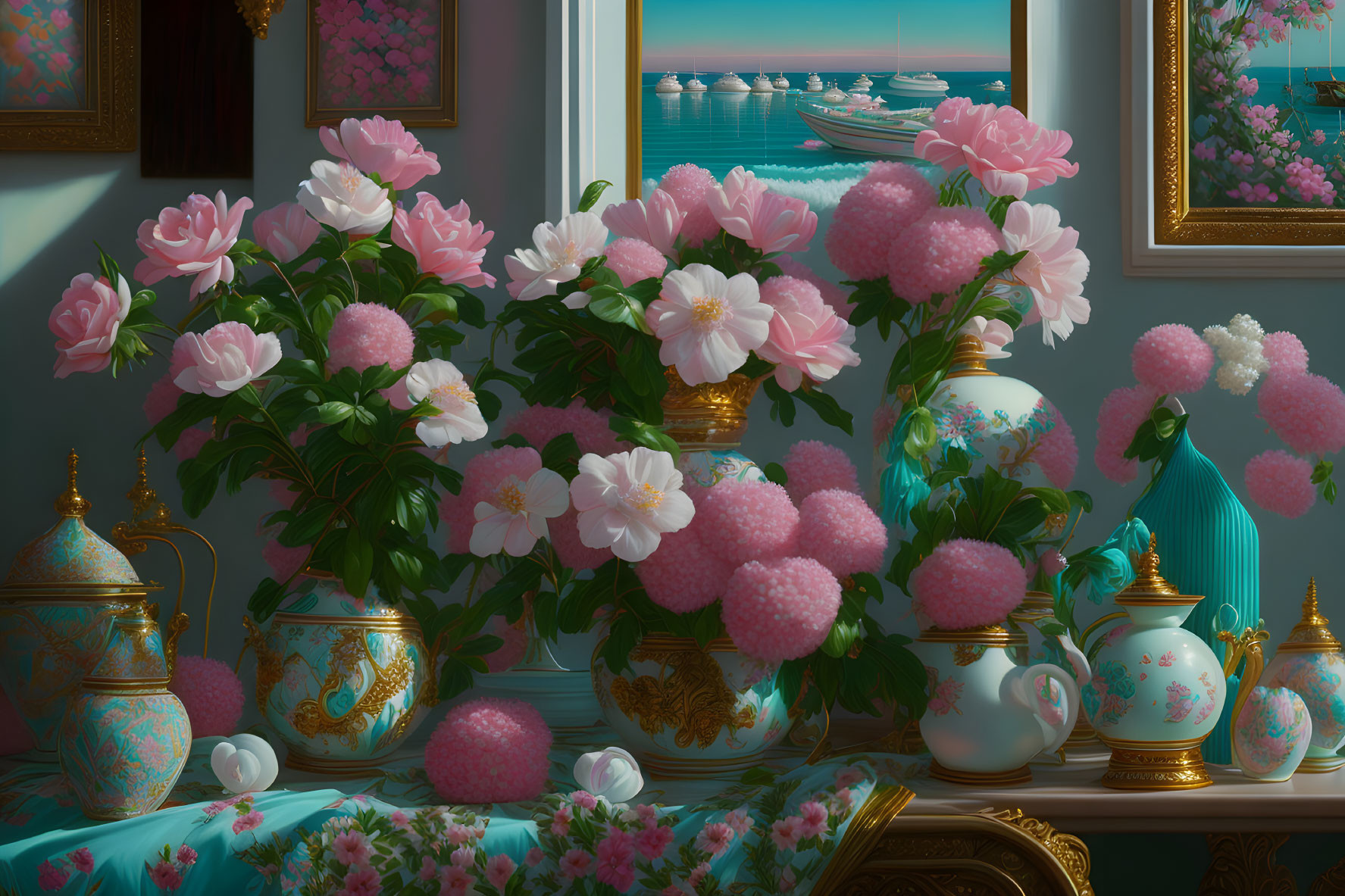 Luxurious room with pink flowers, golden teapots, porcelain, and sailboats view.